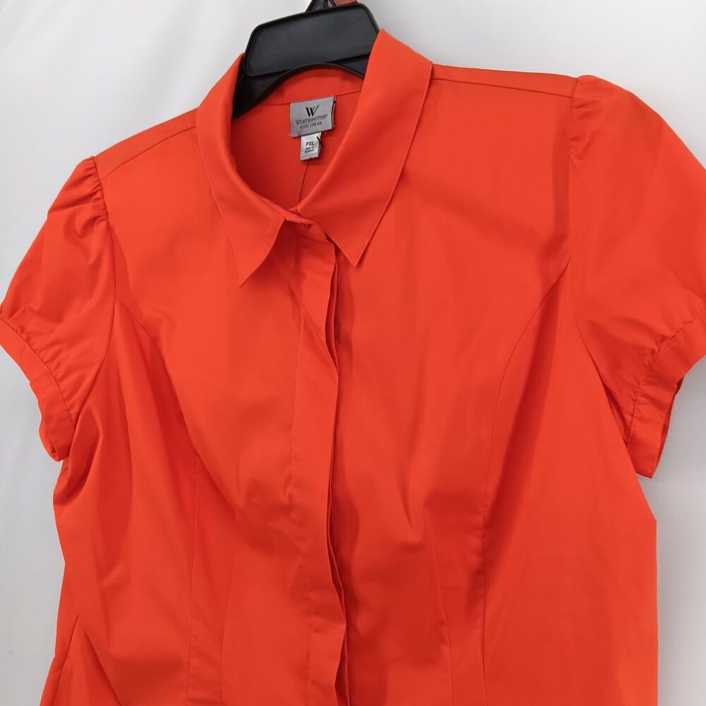 Worthington Shirt Womens Size PXL Orange Short Sleeve Collared Button Up Top NWT - Picture 2 of 8